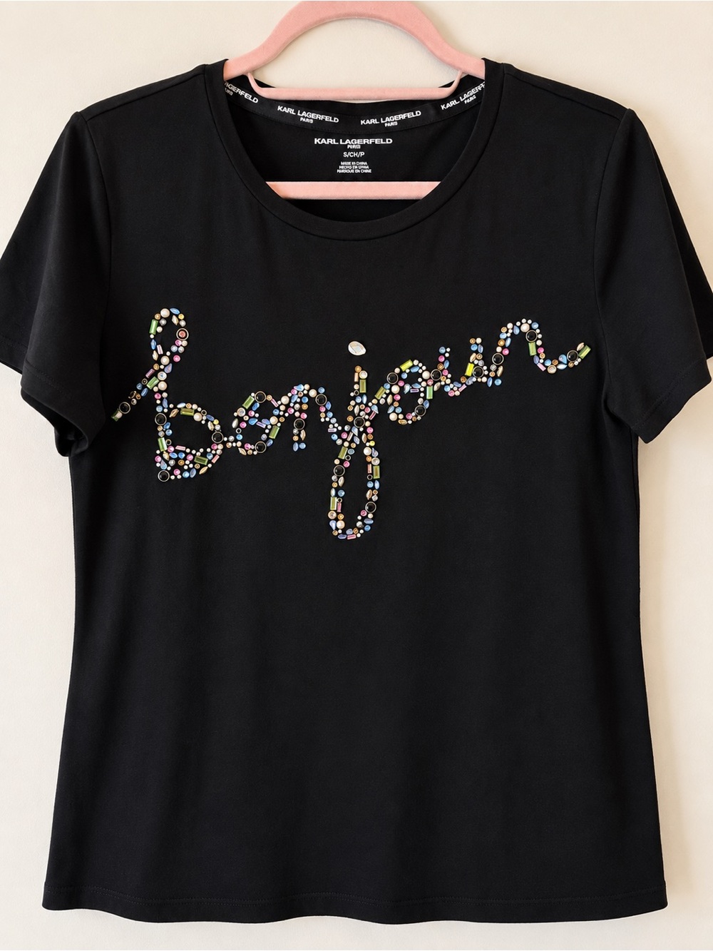 Karl Lagerfeld Black Short-Sleeve 'Bonjour' Tee with Multicolor Beading